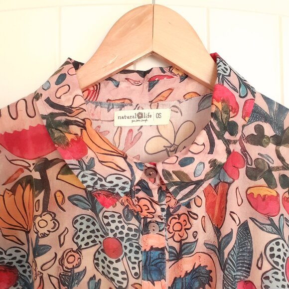 Natural Life Kelly One Size Button Up Top Pink Floral O/S - Picture 4 of 9